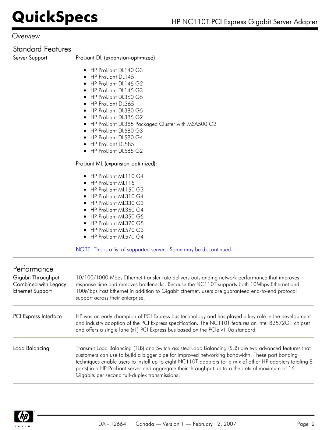 HP I Express Gigabit Server Adapter NC110T manual Standard Features, Performance 