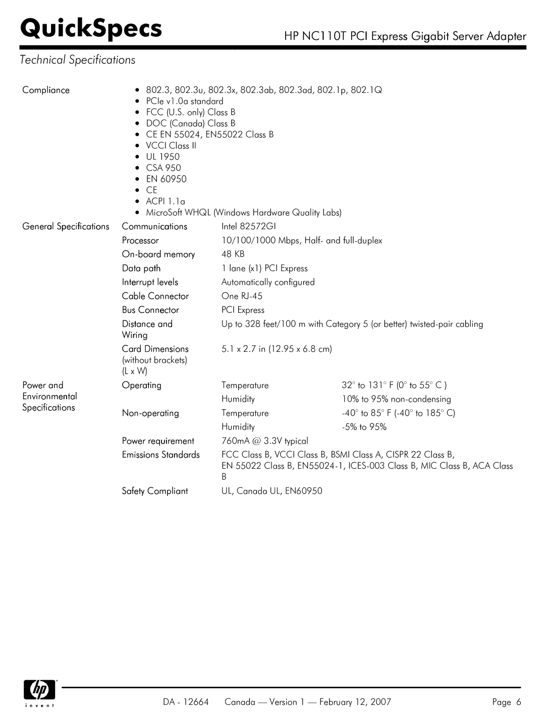 HP I Express Gigabit Server Adapter NC110T manual Technical Specifications 