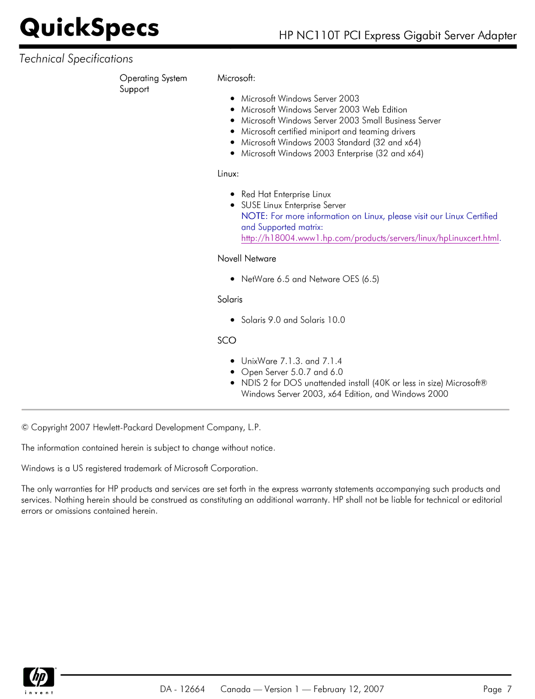 HP I Express Gigabit Server Adapter NC110T manual Operating System Microsoft Support, Linux, Novell Netware, Solaris 