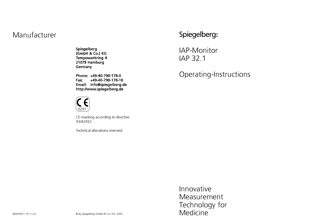 HP IAP 32.1 manual Manufacturer, Spiegelberg IAP-Monitor Operating-Instructions 