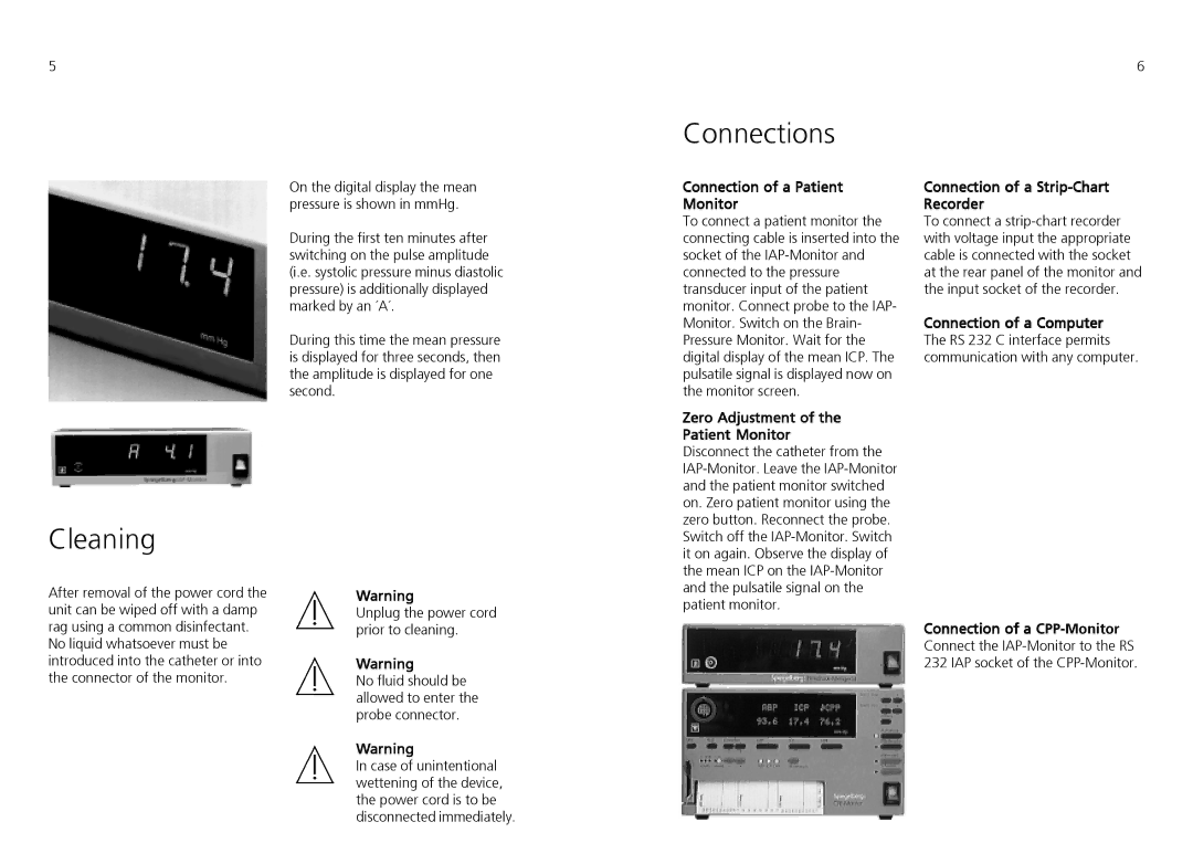 HP IAP 32.1 manual Connections, Cleaning, Connection of a Patient Monitor, Zero Adjustment Patient Monitor 