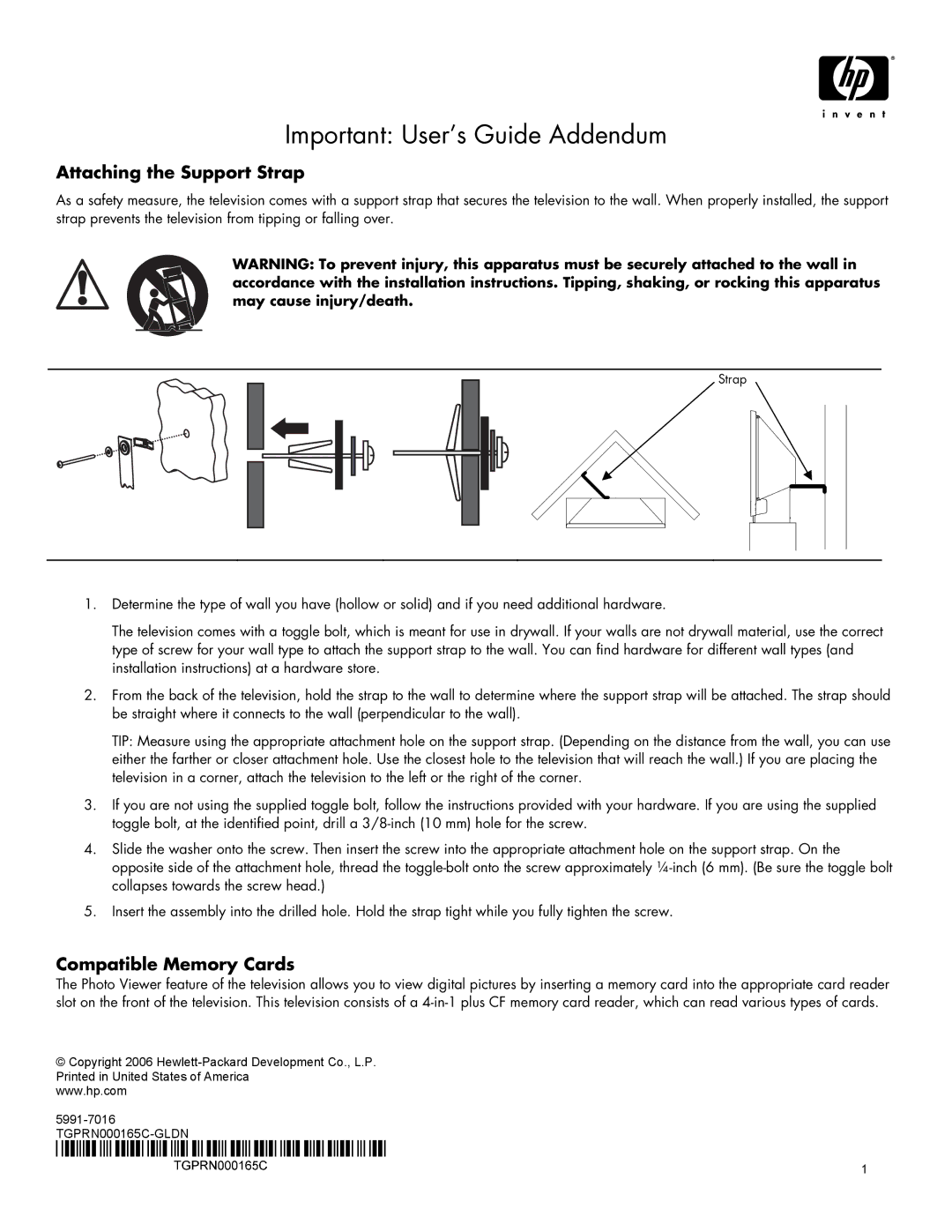 HP IDB5220N, ID5220N manual Important User’s Guide Addendum, Attaching the Support Strap, Compatible Memory Cards 