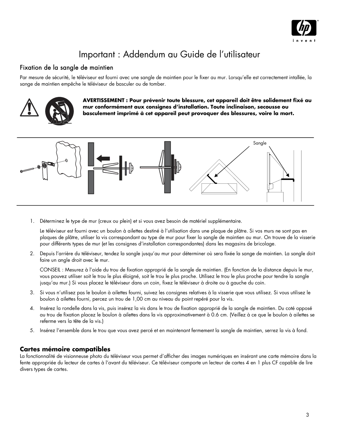 HP IDB5220N Important Addendum au Guide de l’utilisateur, Fixation de la sangle de maintien, Cartes mémoire compatibles 