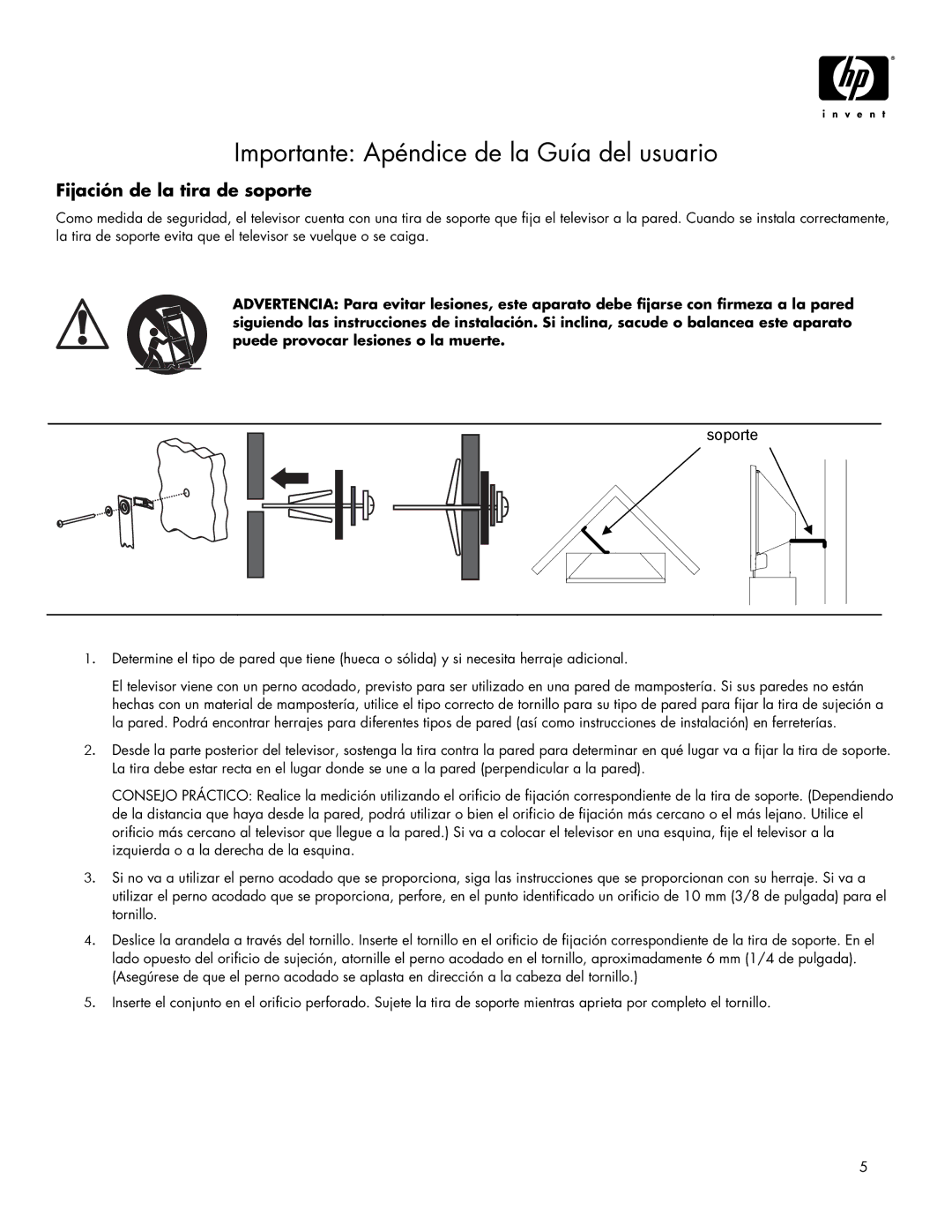 HP IDB5220N, ID5220N manual Importante Apéndice de la Guía del usuario, Fijación de la tira de soporte 