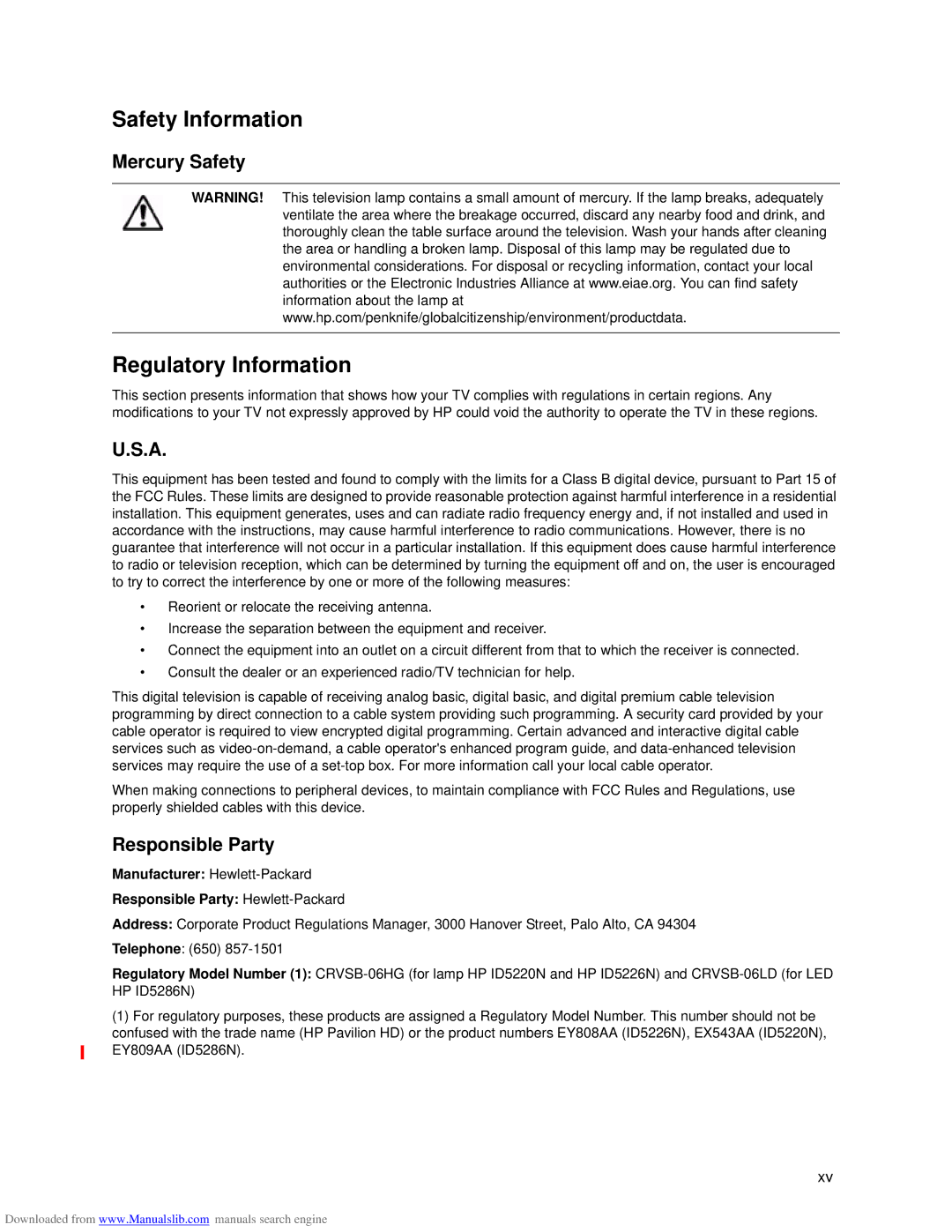 HP ID5226N, ID5286N manual Safety Information, Regulatory Information, Mercury Safety, Responsible Party 