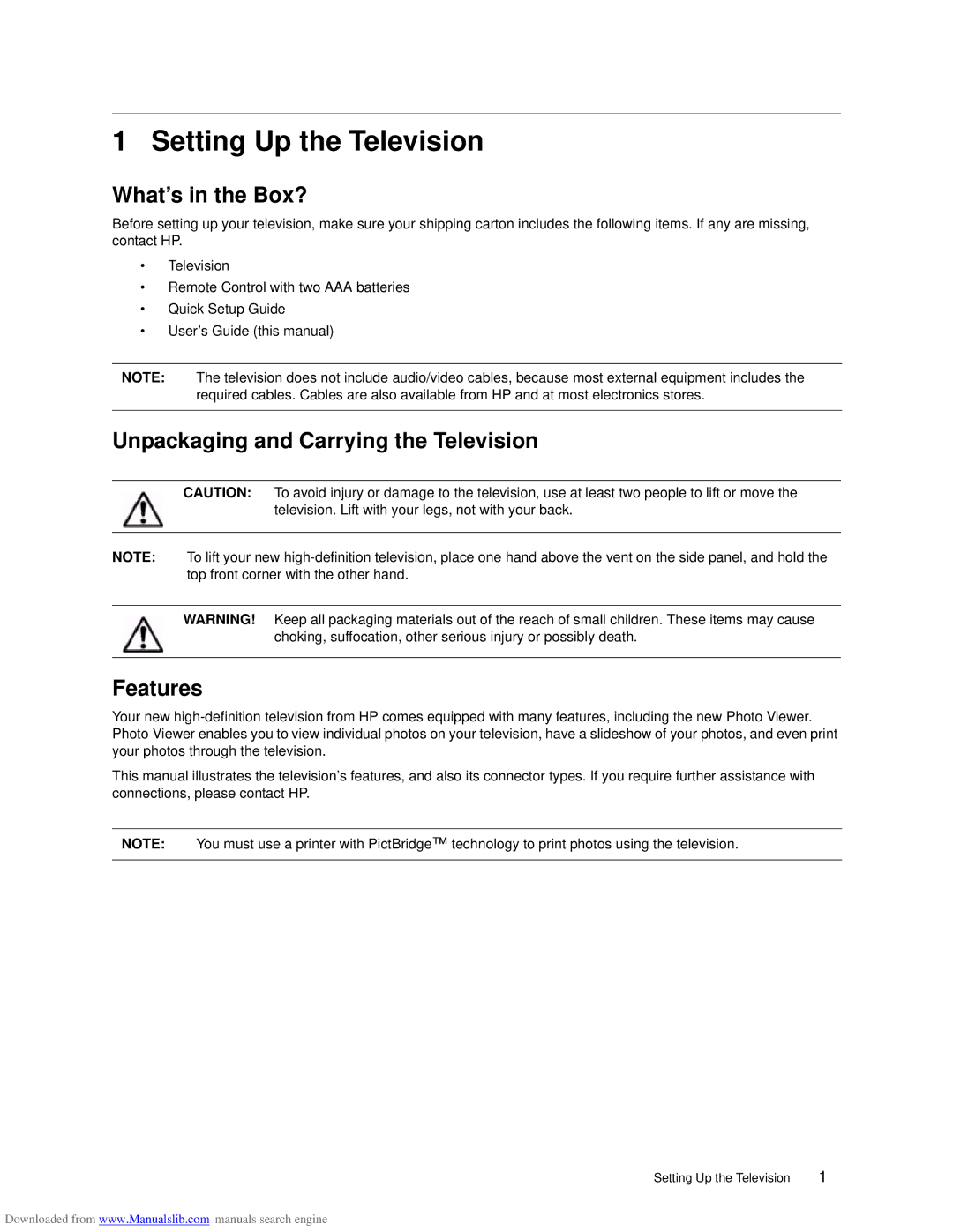 HP ID5226N, ID5286N manual Setting Up the Television, What’s in the Box?, Unpackaging and Carrying the Television Features 