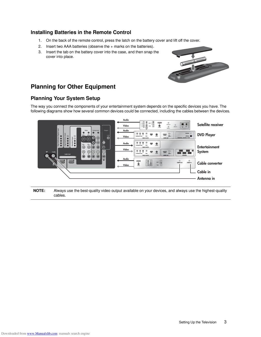 HP ID5226N, ID5286N Planning for Other Equipment, Installing Batteries in the Remote Control, Planning Your System Setup 