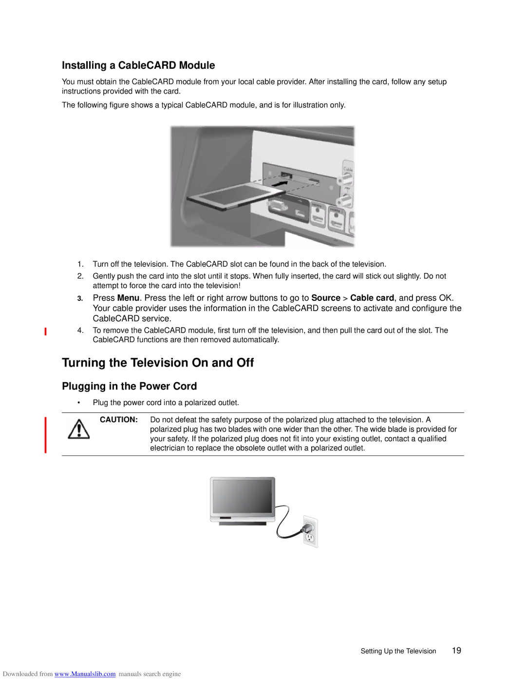 HP ID5226N, ID5286N manual Turning the Television On and Off, Installing a CableCARD Module, Plugging in the Power Cord 