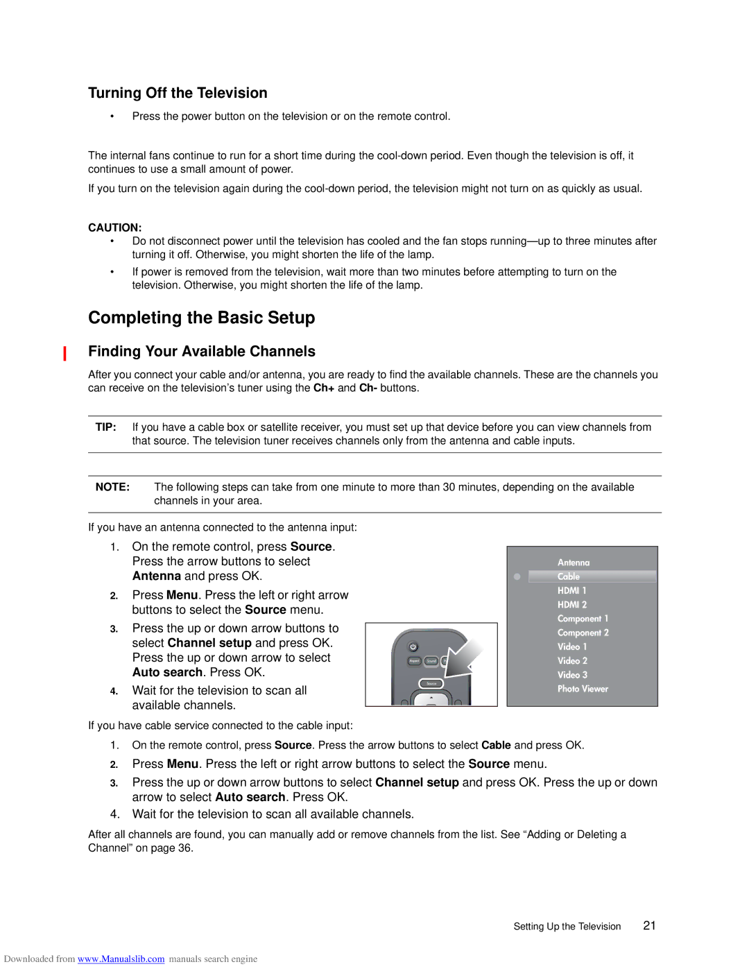 HP ID5226N, ID5286N manual Completing the Basic Setup, Turning Off the Television, Finding Your Available Channels 