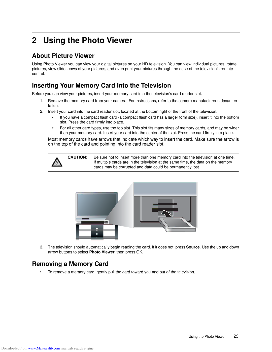 HP ID5226N, ID5286N manual Using the Photo Viewer, About Picture Viewer, Inserting Your Memory Card Into the Television 