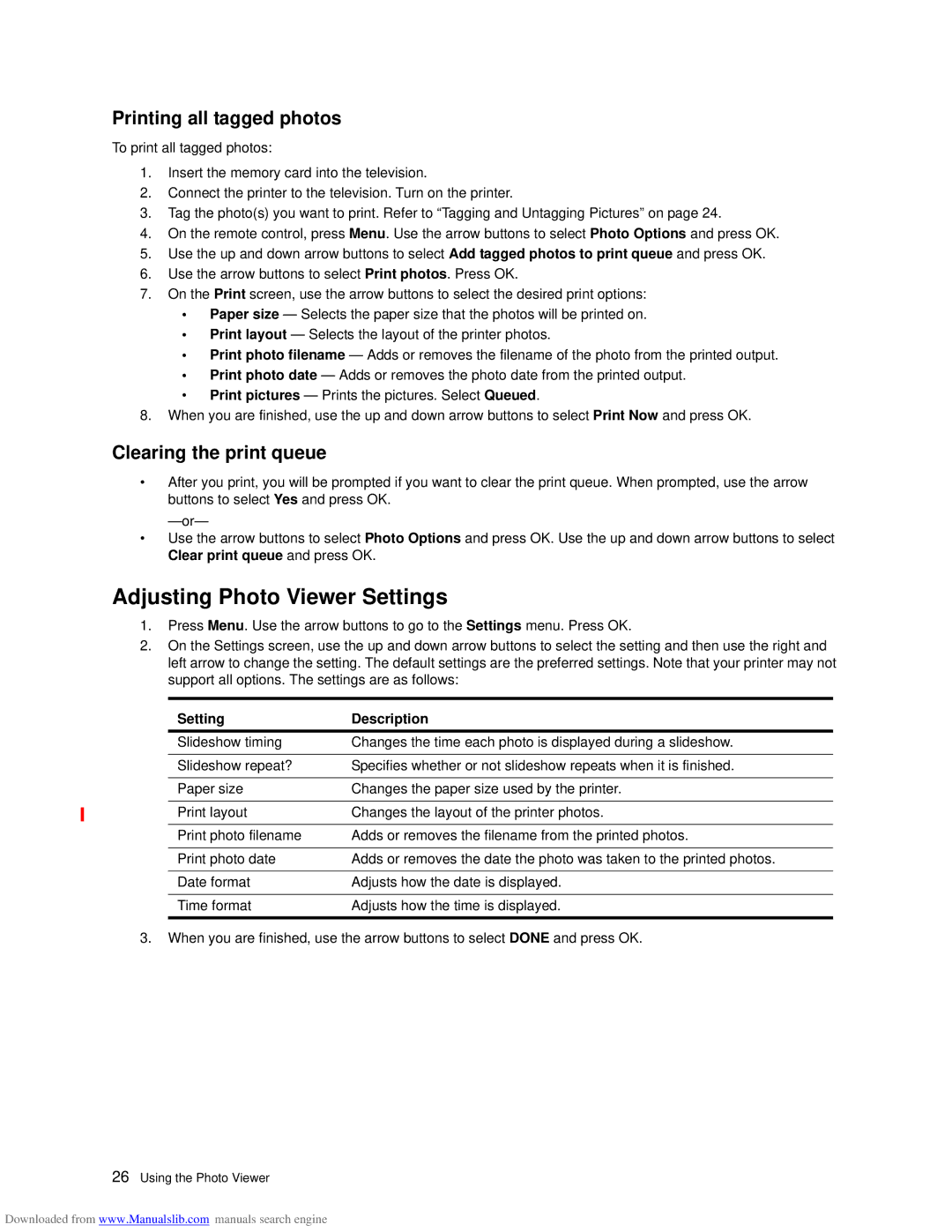 HP ID5286N Adjusting Photo Viewer Settings, Printing all tagged photos, Clearing the print queue, Setting Description 