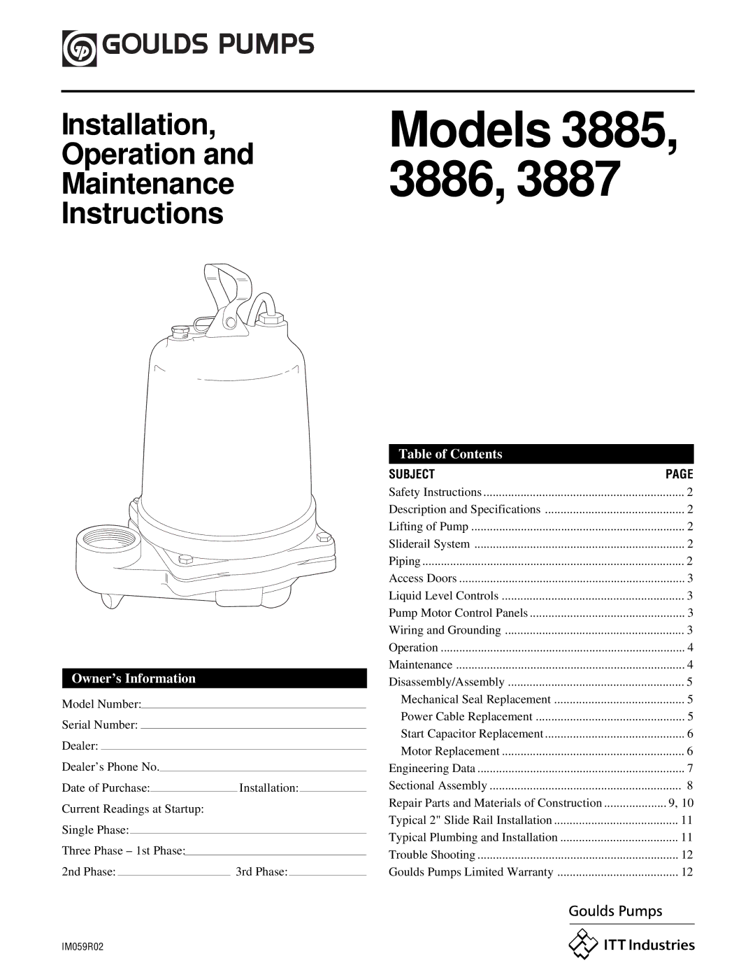 HP 3886, IM059R02, 3885 manual Owner’s Information, Table of Contents 