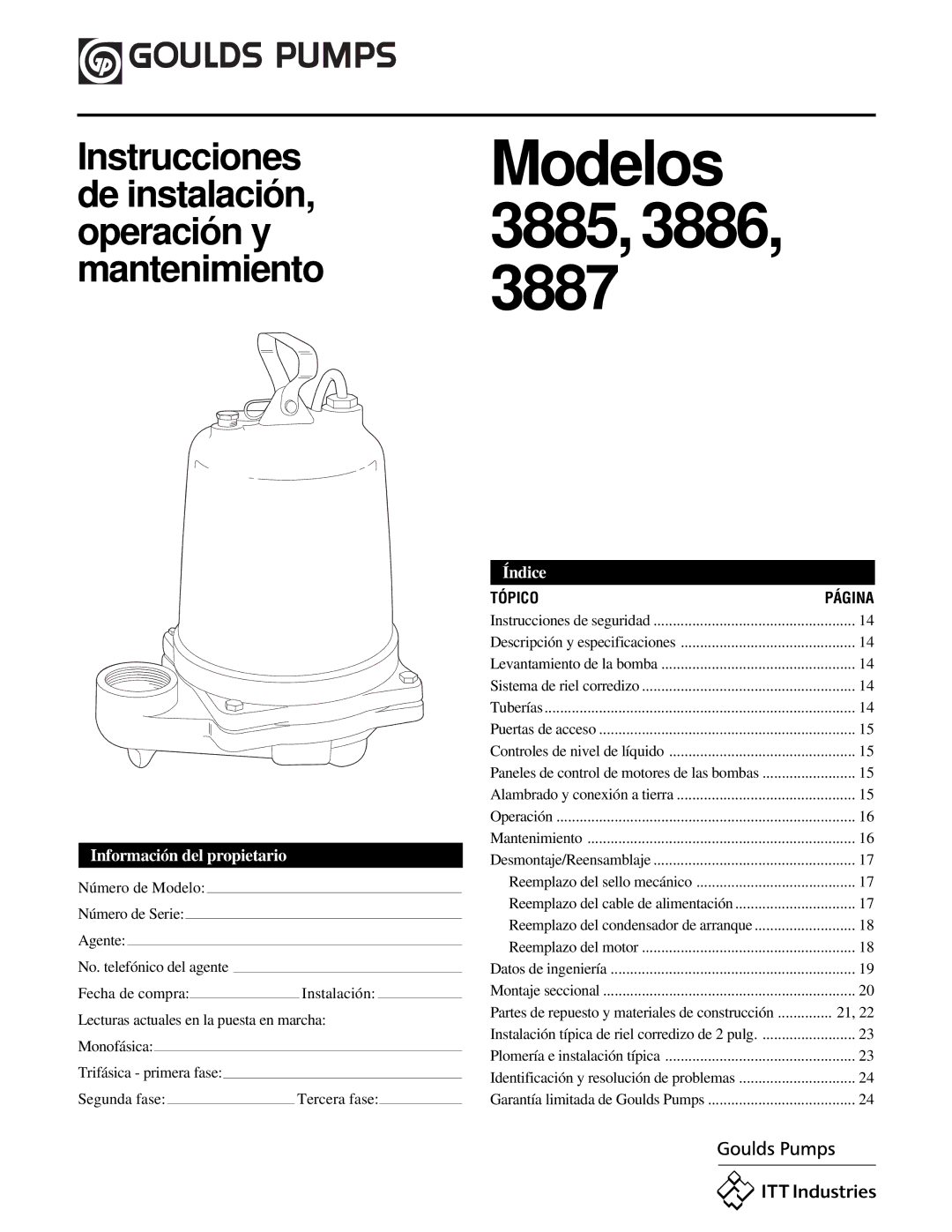 HP 3886, IM059R02, 3885 manual Información del propietario, Índice, Tópico 