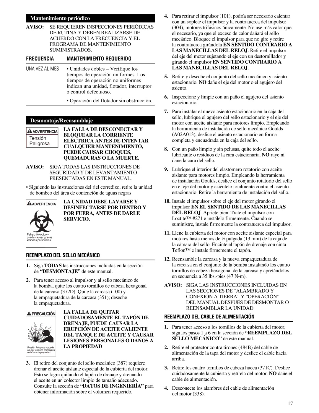 HP 3885 Mantenimiento periódico, Desmontaje/Reensamblaje, Frecuencia Mantenimiento Requerido, Reemplazo DEL Sello Mecánico 