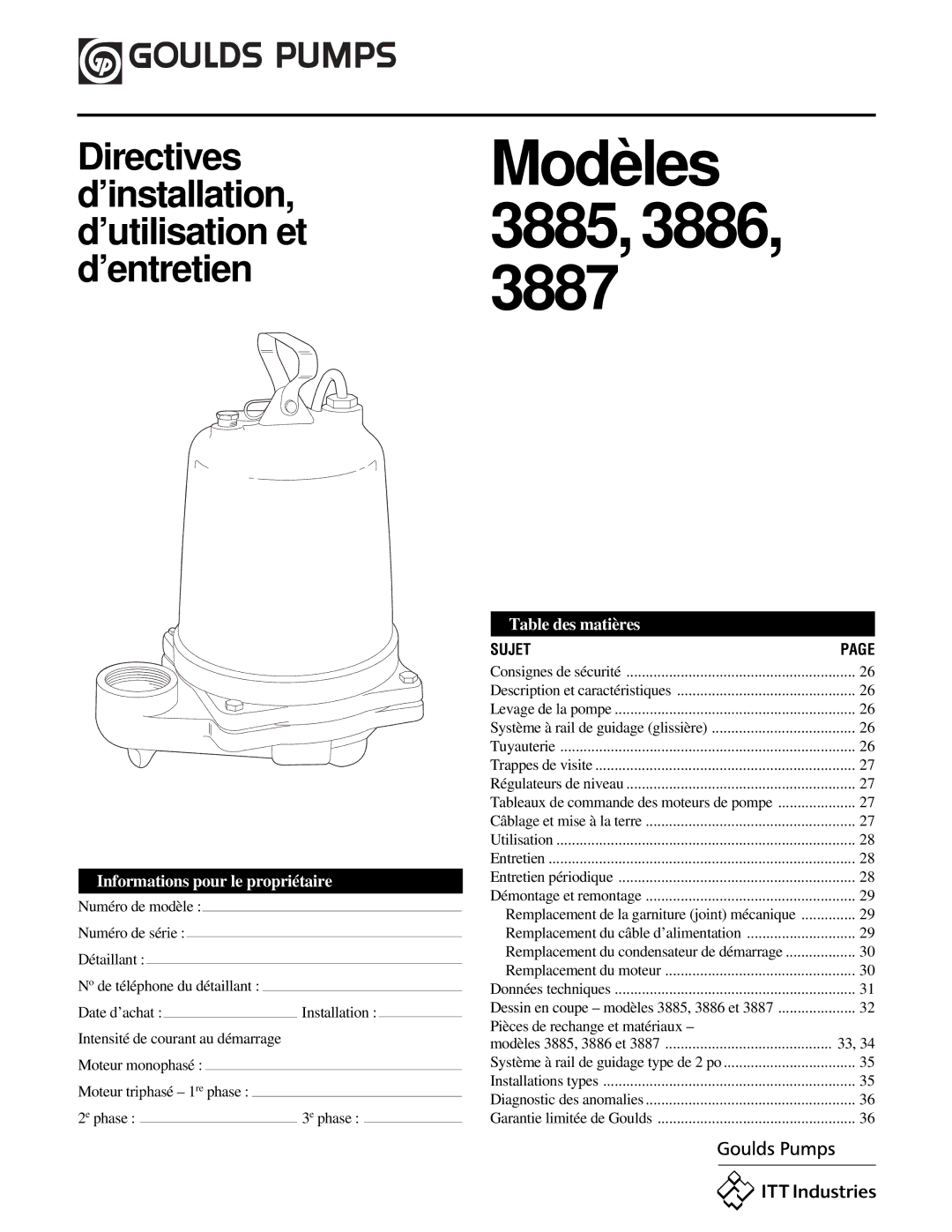 HP 3886, IM059R02, 3885 manual Informations pour le propriétaire, Table des matières, Sujet 