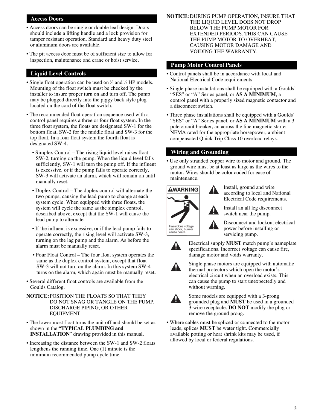 HP IM059R02, 3886, 3885 manual Access Doors, Liquid Level Controls, Pump Motor Control Panels, Wiring and Grounding 