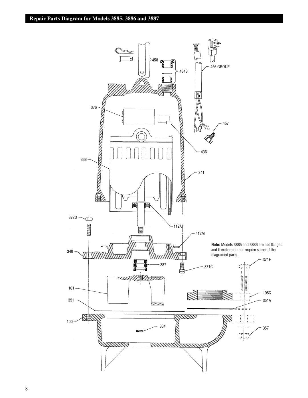 HP IM059R02 manual Repair Parts Diagram for Models 3885, 3886, 458 376 338 372D 340 101 351 100, 357 