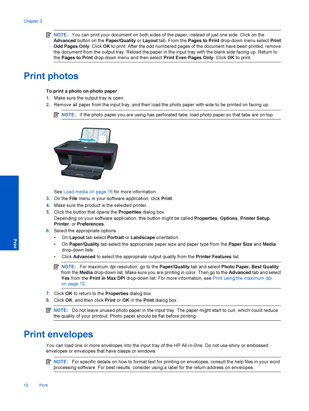 HP Ink Advantage 2060 - K1 manual Print photos, Print envelopes, To print a photo on photo paper 