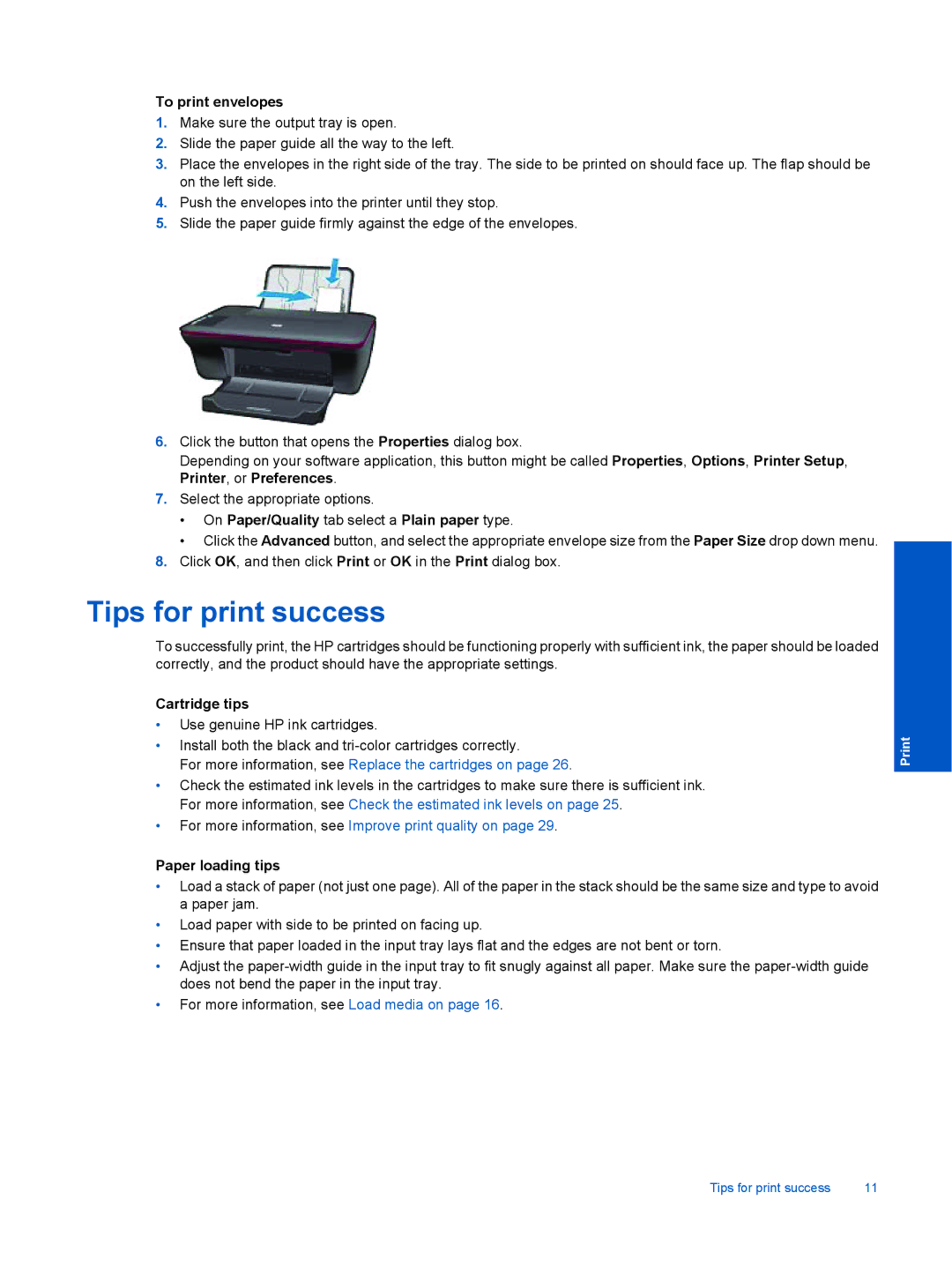 HP Ink Advantage 2060 - K1 Tips for print success, To print envelopes, On Paper/Quality tab select a Plain paper type 