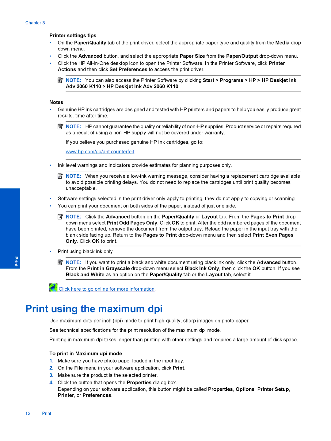 HP Ink Advantage 2060 - K1 Print using the maximum dpi, Printer settings tips, Adv 2060 K110 HP Deskjet Ink Adv 2060 K110 