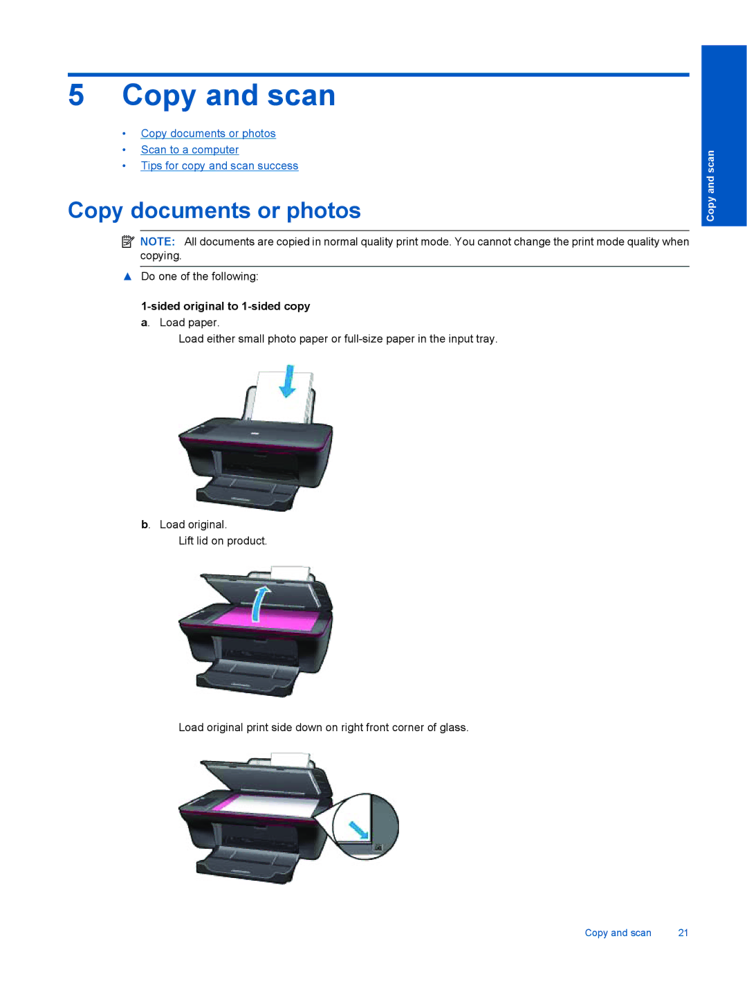 HP Ink Advantage 2060 - K1 manual Copy and scan, Copy documents or photos, Sided original to 1-sided copy a. Load paper 