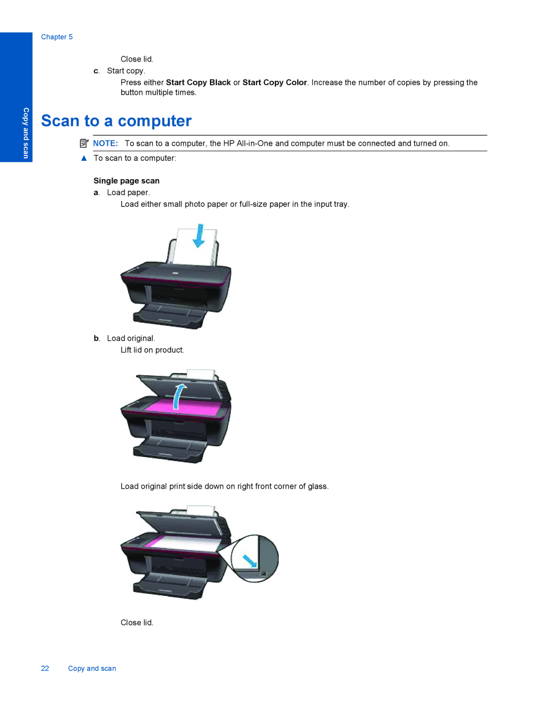 HP Ink Advantage 2060 - K1 manual Scan to a computer, Single page scan a. Load paper 