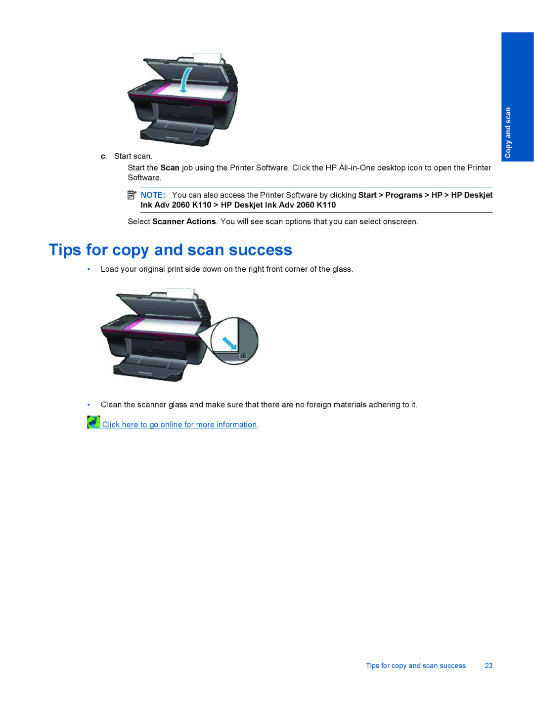 HP Ink Advantage 2060 - K1 manual Tips for copy and scan success, Ink Adv 2060 K110 HP Deskjet Ink Adv 2060 K110 