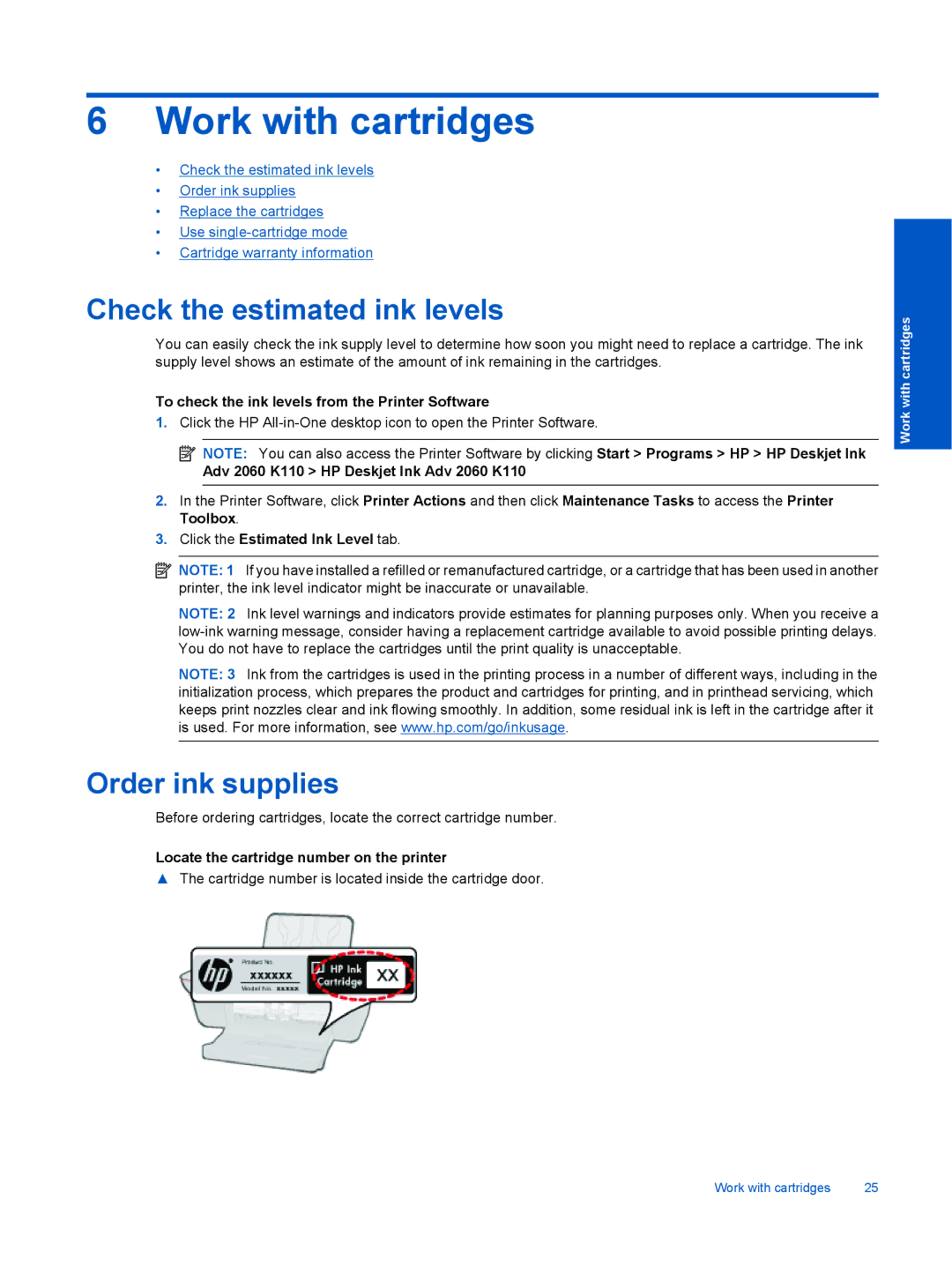 HP Ink Advantage 2060 - K1 manual Work with cartridges, Check the estimated ink levels, Order ink supplies 