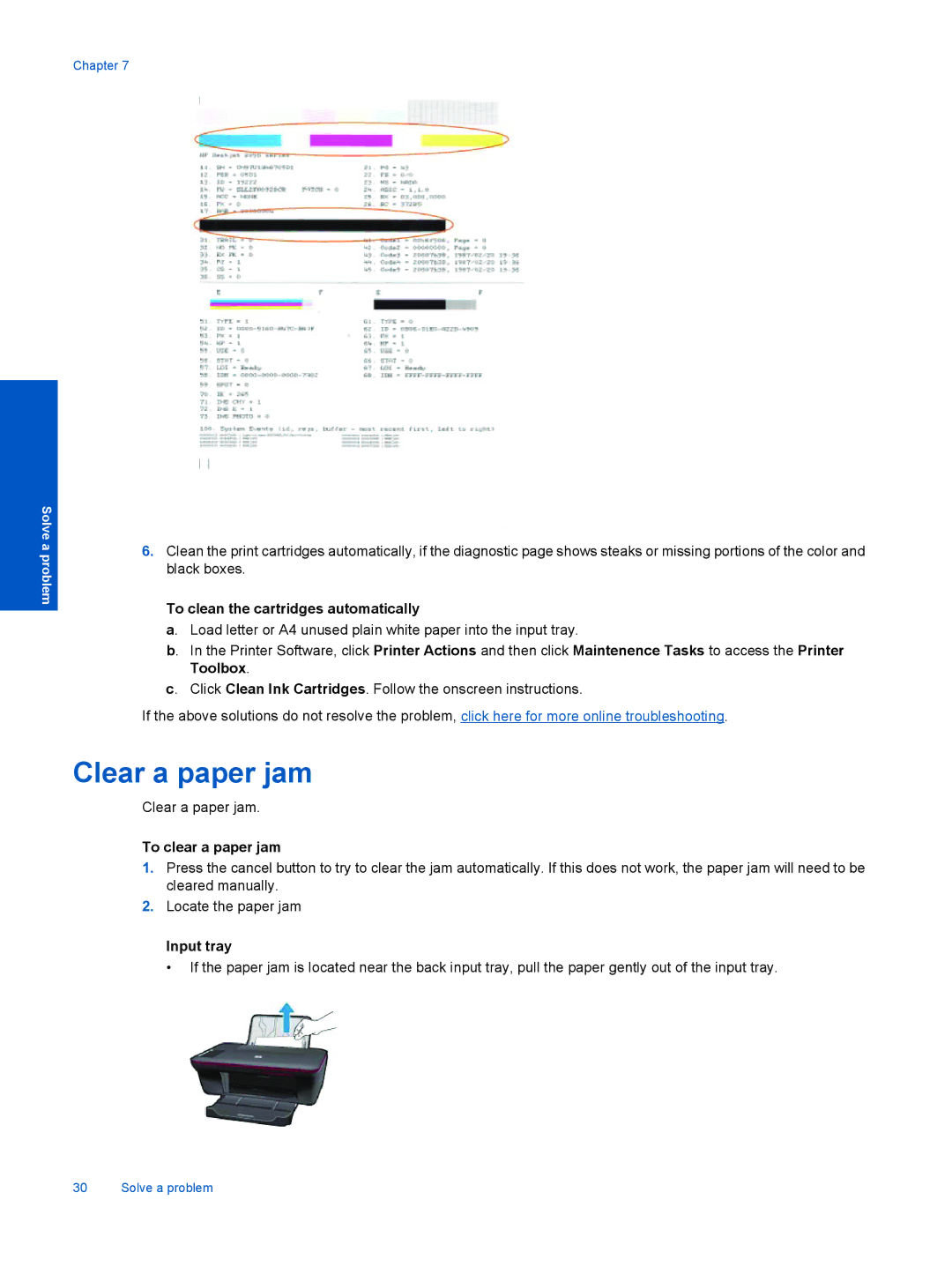 HP Ink Advantage 2060 - K1 Clear a paper jam, To clean the cartridges automatically, To clear a paper jam, Input tray 