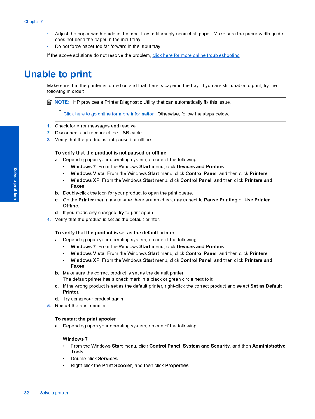 HP Ink Advantage 2060 - K1 manual Unable to print, To verify that the product is not paused or offline 