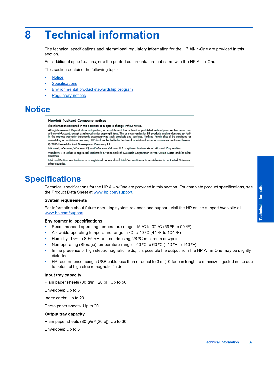 HP Ink Advantage 2060 - K1 manual Technical information, Specifications, System requirements Environmental specifications 