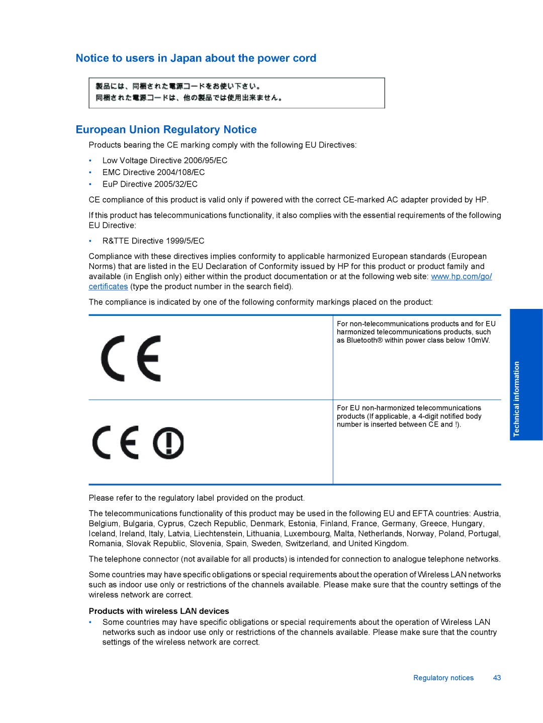 HP Ink Advantage 2060 - K1 manual European Union Regulatory Notice, Products with wireless LAN devices 