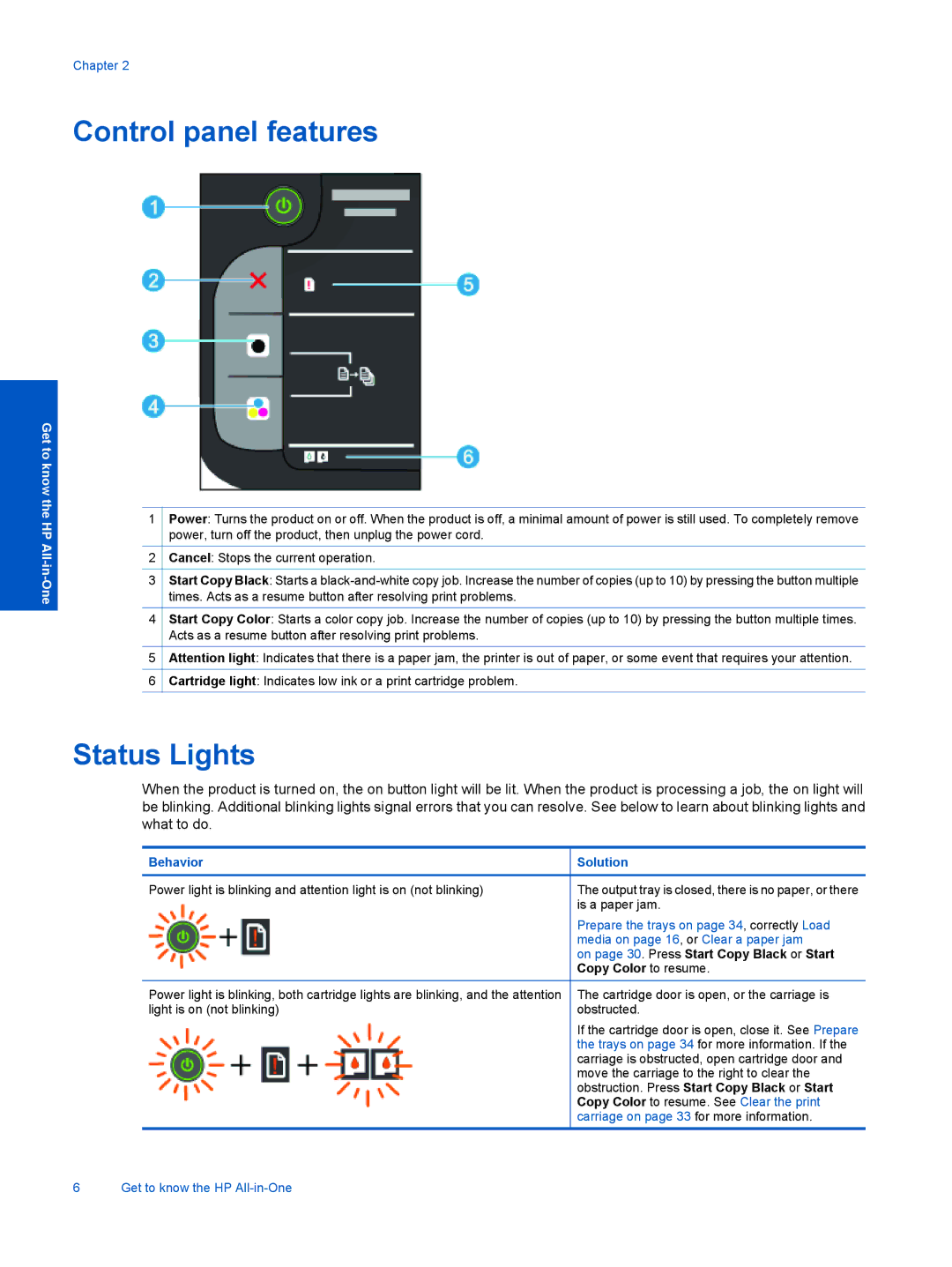 HP Ink Advantage 2060 - K1 manual Control panel features, Status Lights 