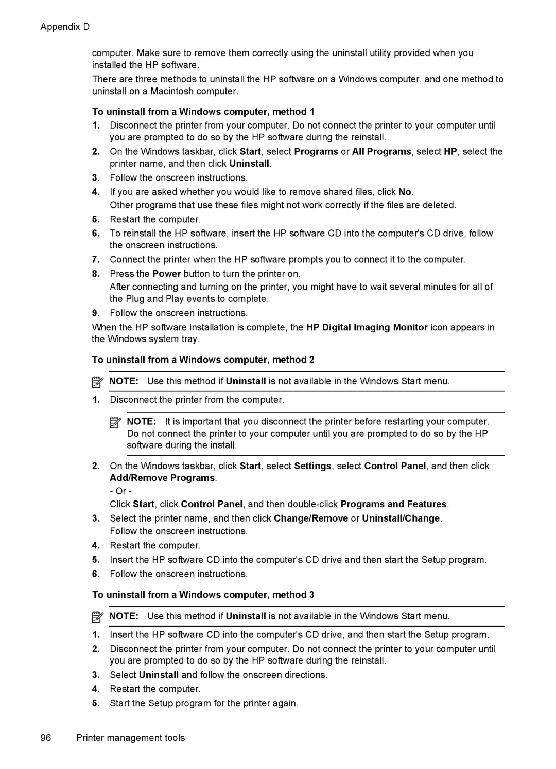 HP Inkjet CN551A#201, L411A Inkjet CN551A#B1H manual To uninstall from a Windows computer, method 