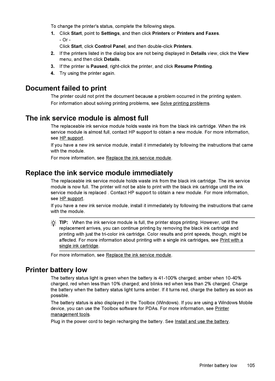 HP L411A Inkjet CN551A#B1H manual Document failed to print, Ink service module is almost full, Printer battery low 