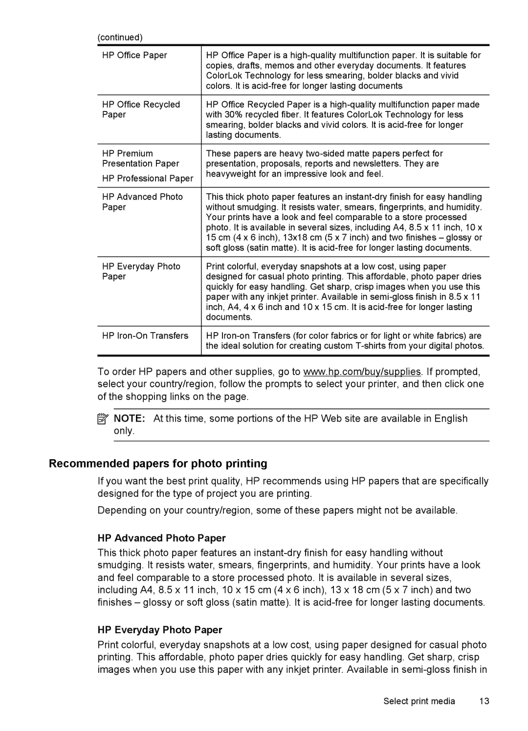 HP L411A Inkjet CN551A#B1H manual Recommended papers for photo printing, HP Advanced Photo Paper, HP Everyday Photo Paper 