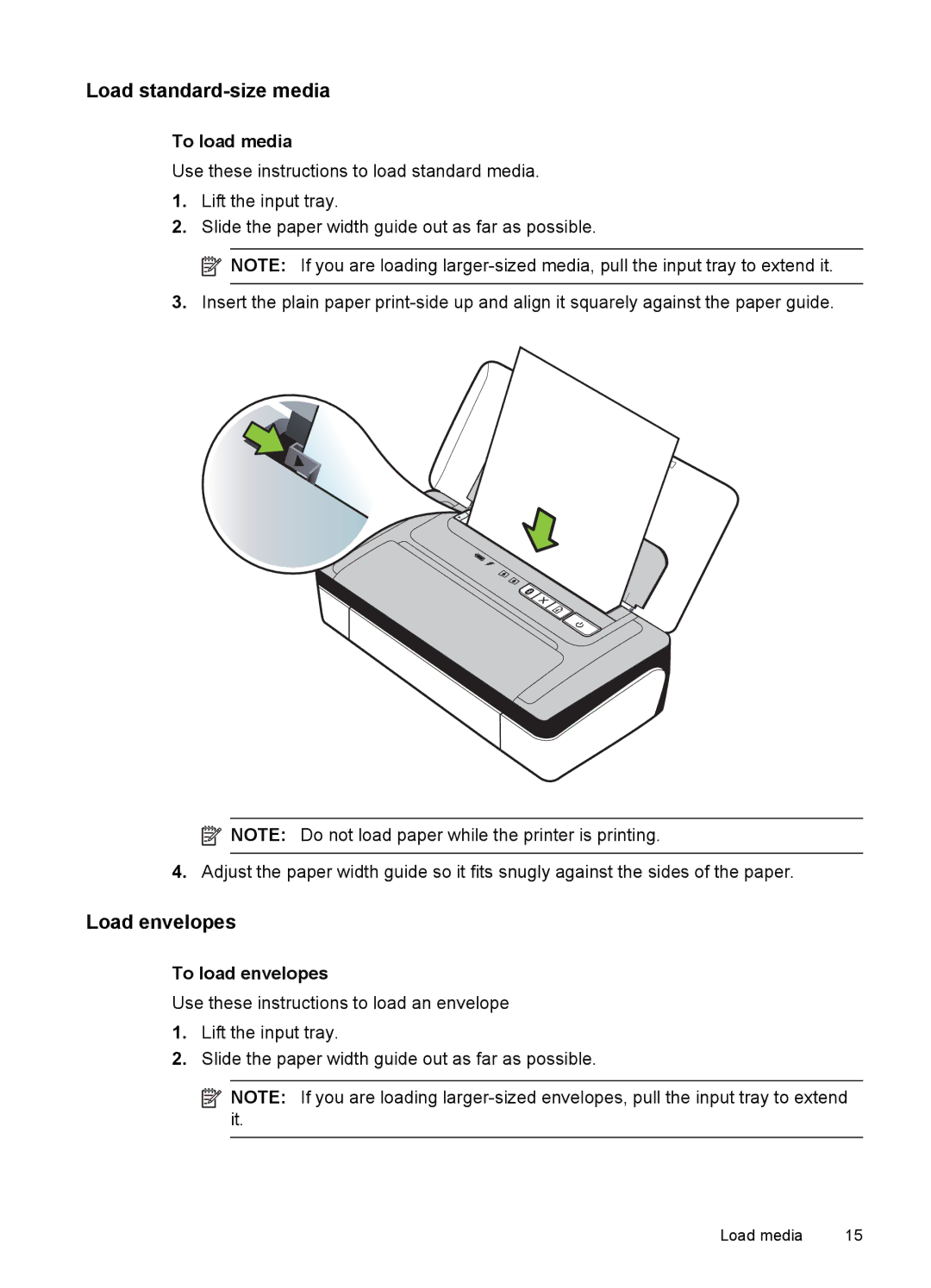 HP L411A Inkjet CN551A#B1H, Inkjet CN551A#201 Load standard-size media, Load envelopes, To load media, To load envelopes 