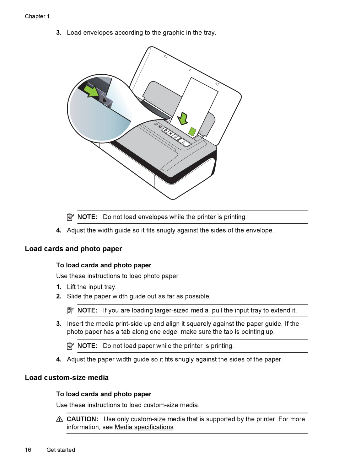 HP Inkjet CN551A#201 manual Load cards and photo paper, Load custom-size media, To load cards and photo paper 