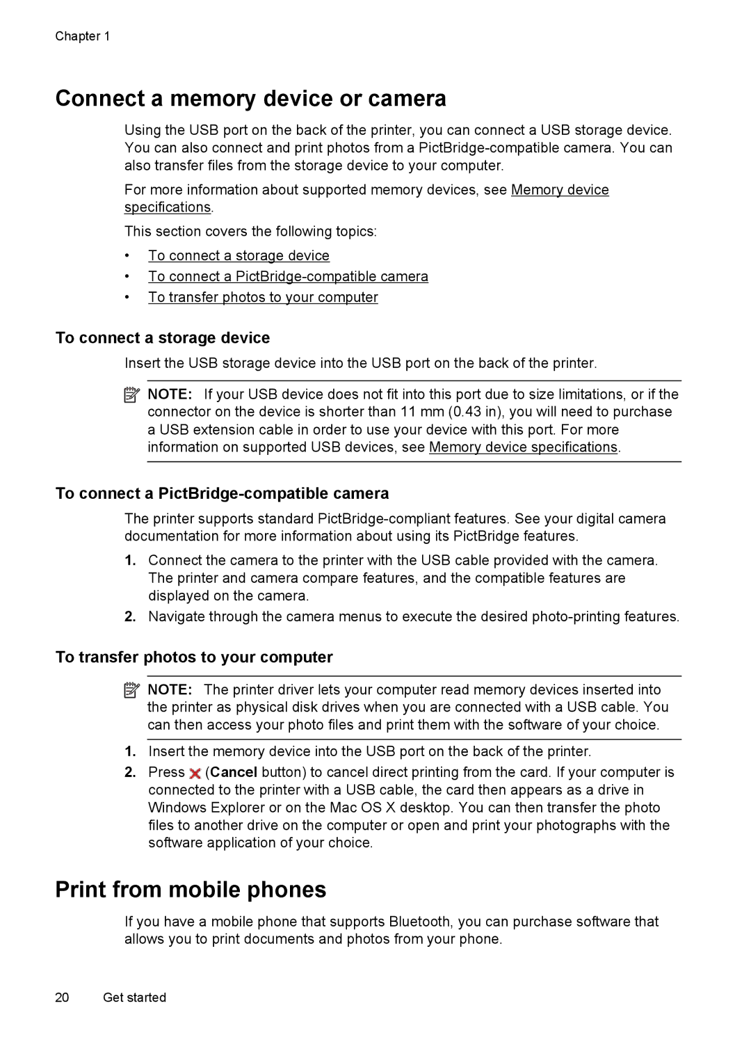 HP Inkjet CN551A#201 manual Connect a memory device or camera, Print from mobile phones, To connect a storage device 