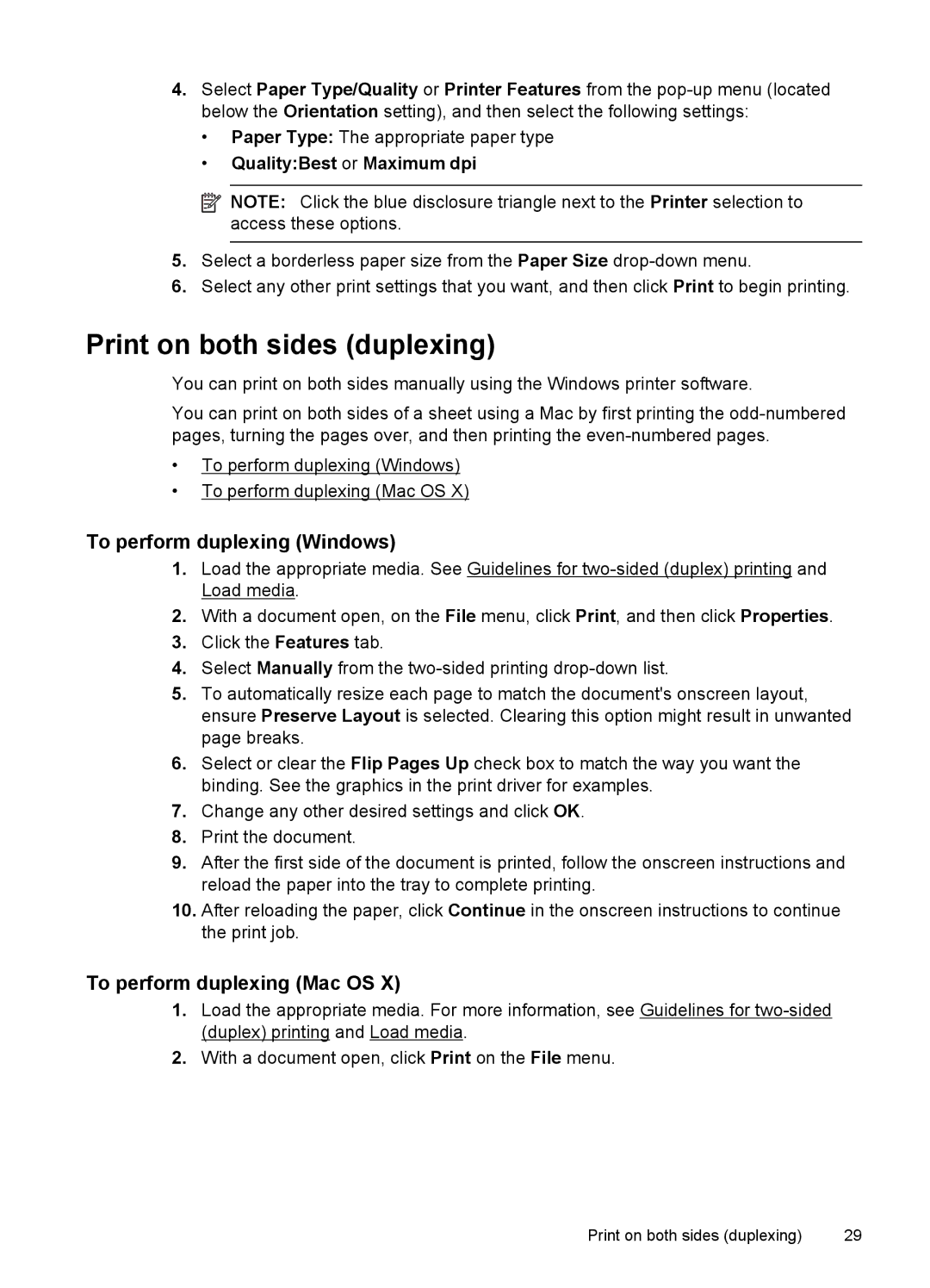 HP L411A Inkjet CN551A#B1H manual Print on both sides duplexing, To perform duplexing Windows, To perform duplexing Mac OS 