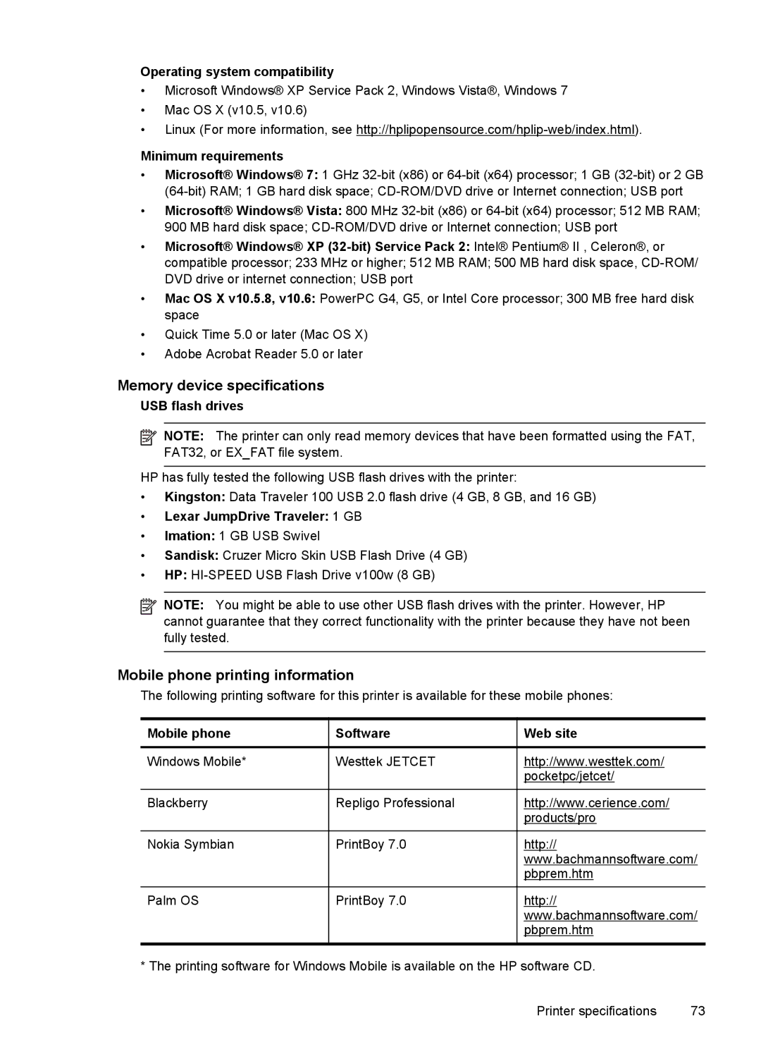 HP L411A Inkjet CN551A#B1H, Inkjet CN551A#201 manual Memory device specifications, Mobile phone printing information 