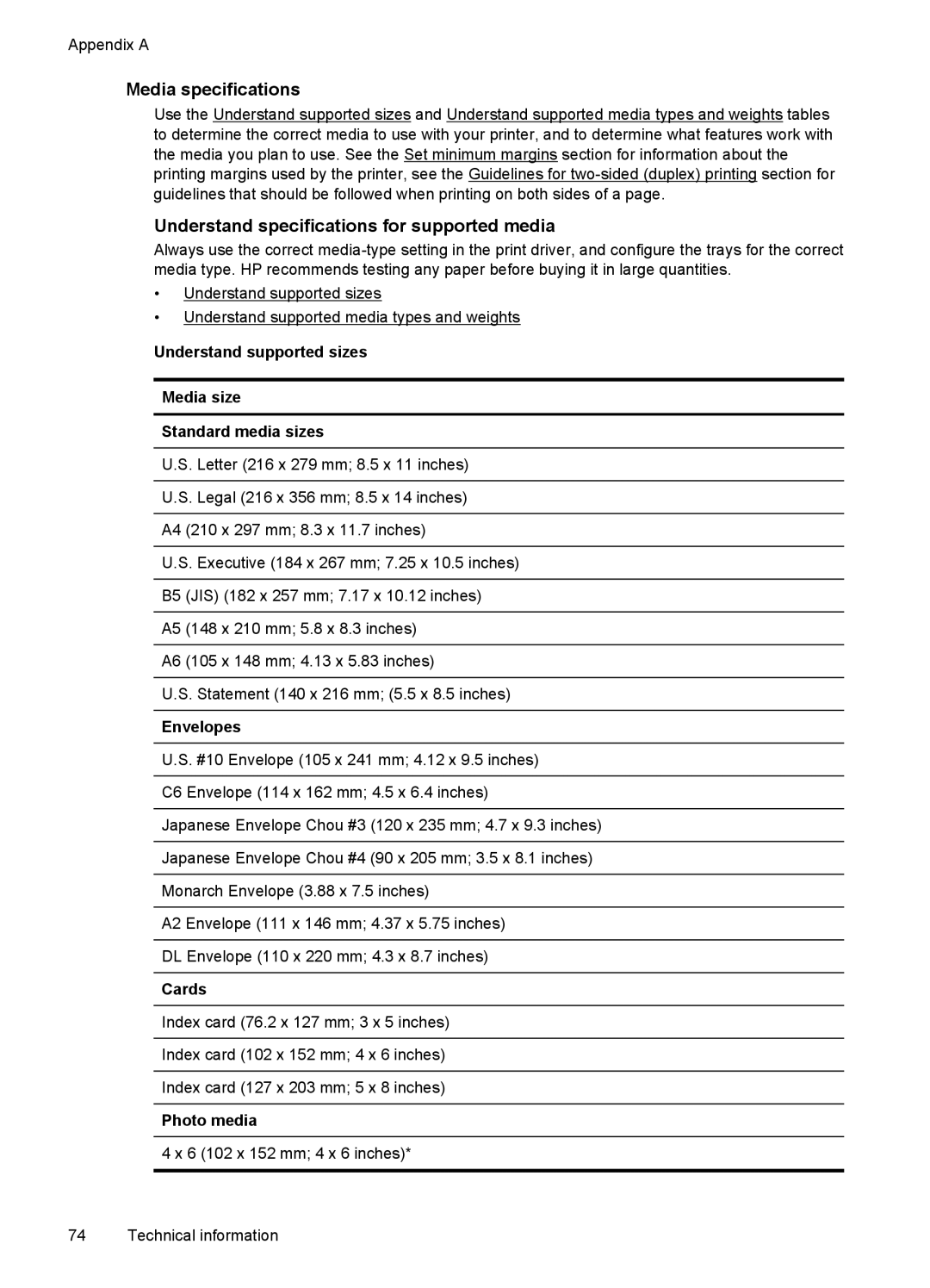 HP Inkjet CN551A#201, L411A Inkjet CN551A#B1H manual Media specifications, Understand specifications for supported media 