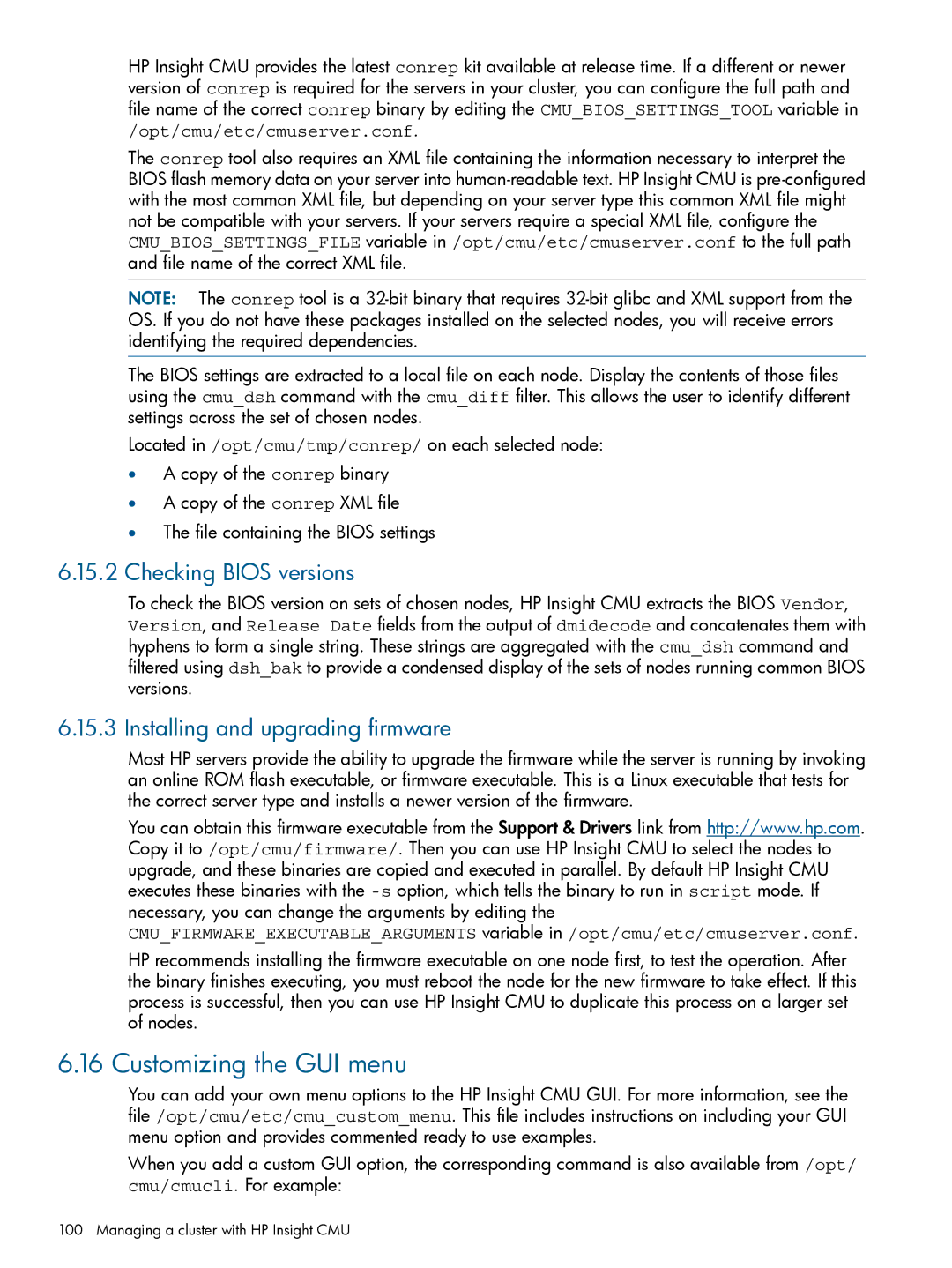 HP Insight Cluster Management Utility Customizing the GUI menu, Checking Bios versions, Installing and upgrading firmware 