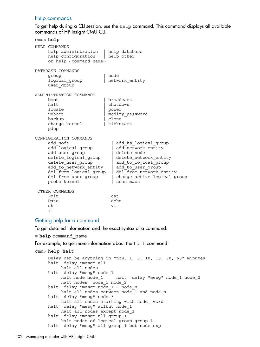 HP Insight Cluster Management Utility manual Help commands, Getting help for a command, Cmu help halt 