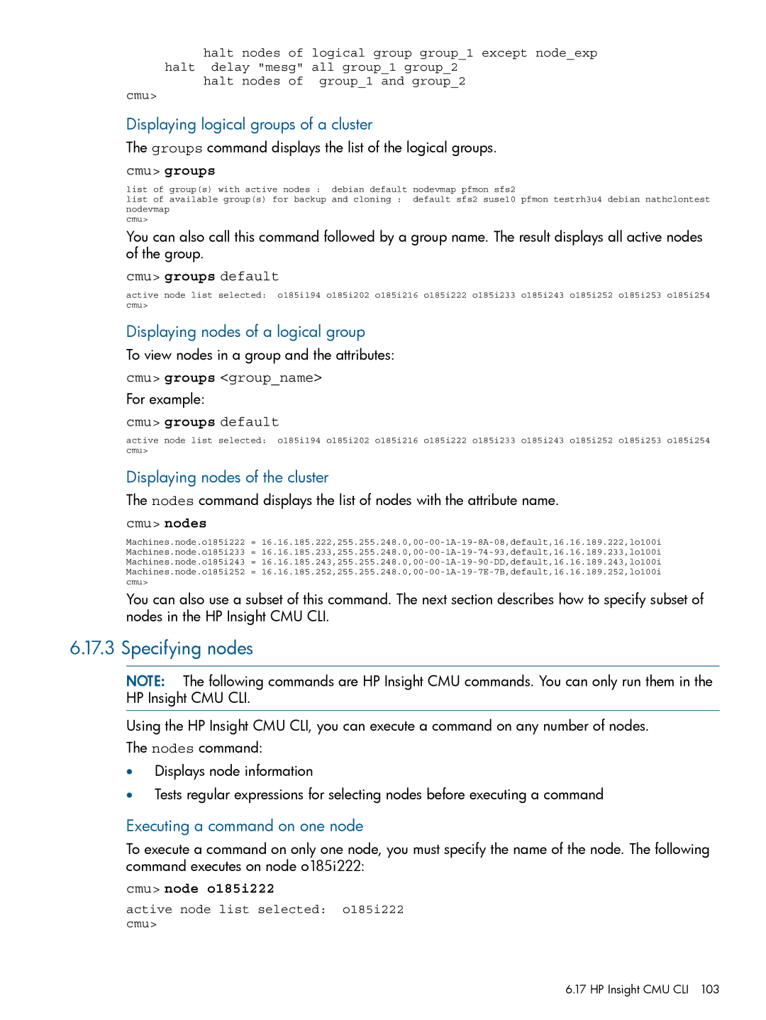 HP Insight Cluster Management Utility manual Specifying nodes, Displaying logical groups of a cluster 