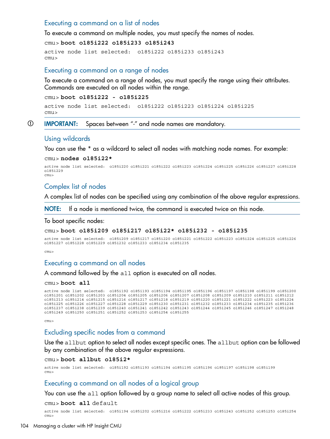 HP Insight Cluster Management Utility Executing a command on a list of nodes, Executing a command on a range of nodes 