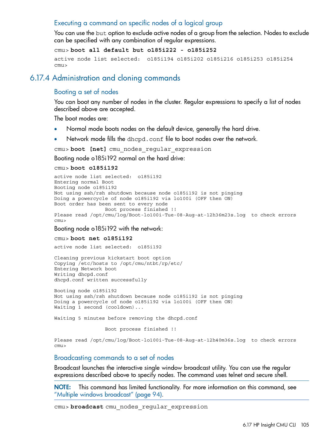 HP Insight Cluster Management Utility manual Administration and cloning commands, Booting a set of nodes 