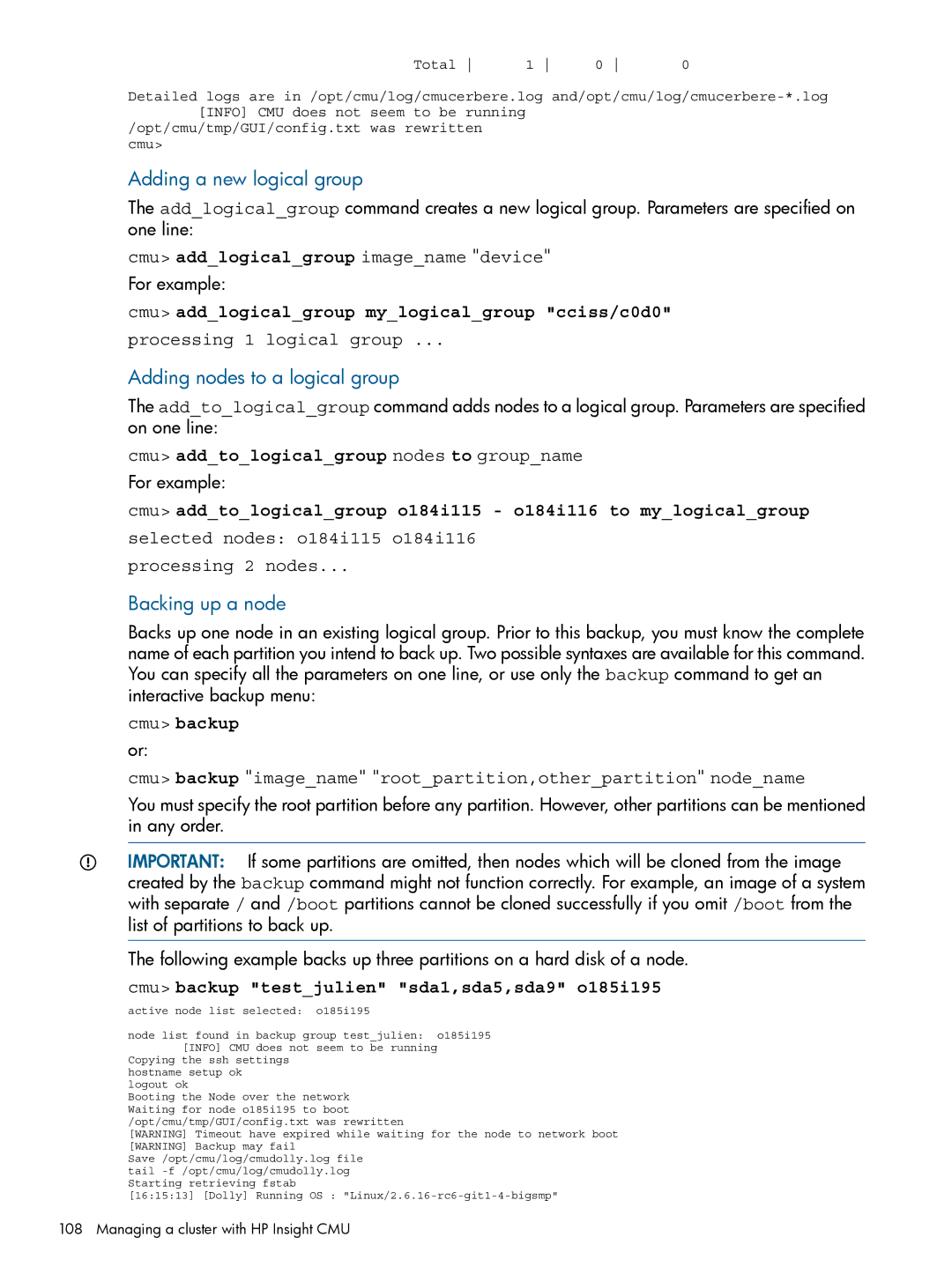 HP Insight Cluster Management Utility manual Adding a new logical group, Adding nodes to a logical group, Backing up a node 