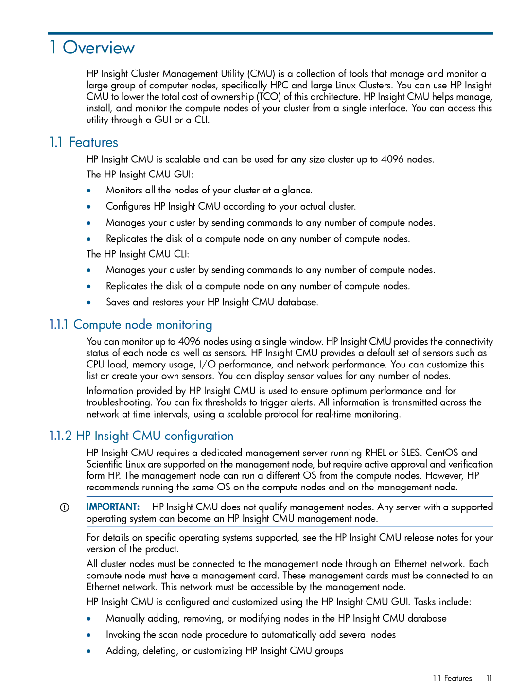 HP Insight Cluster Management Utility manual Overview, Features, Compute node monitoring, HP Insight CMU configuration 