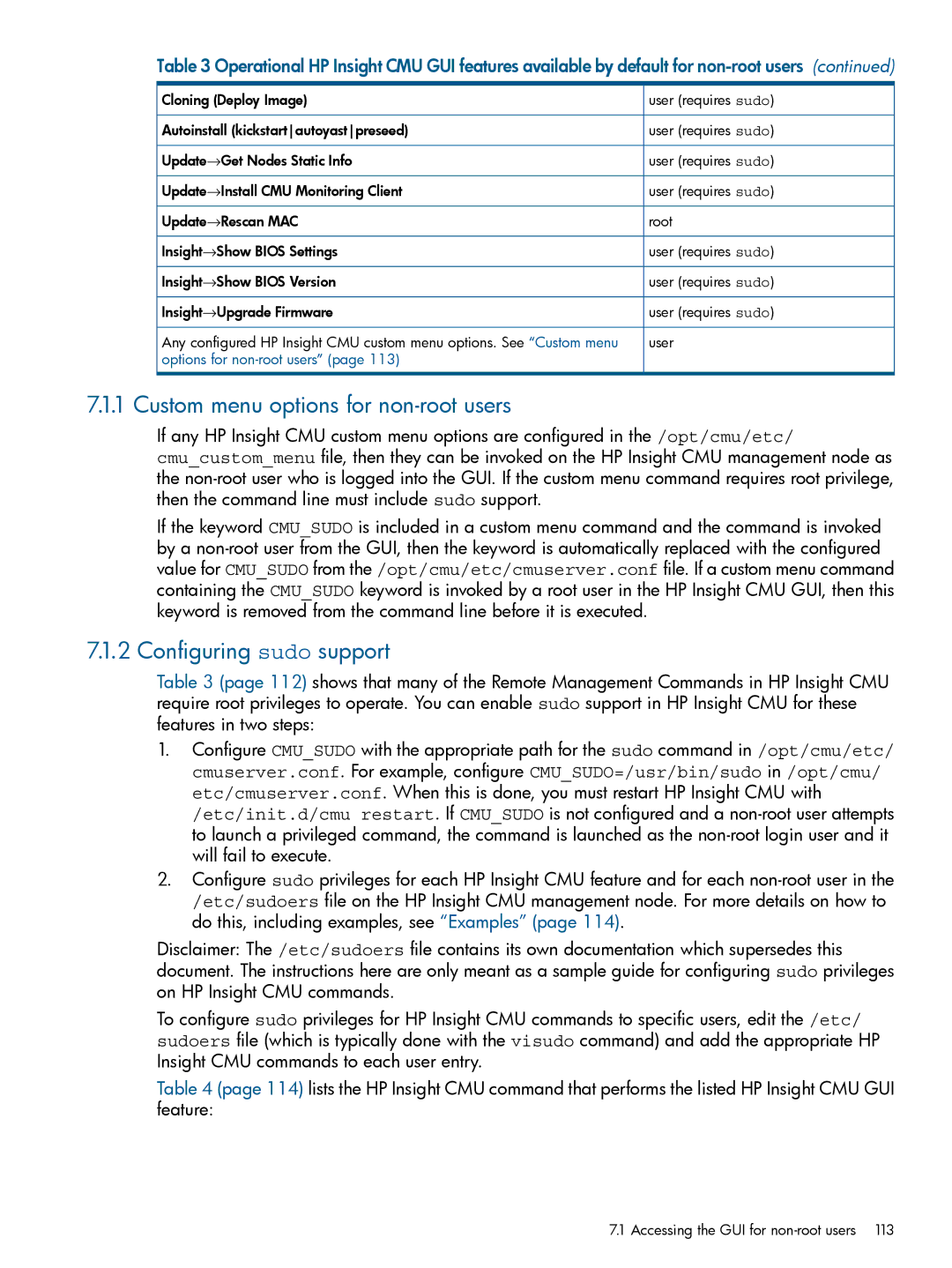 HP Insight Cluster Management Utility manual Custom menu options for non-root users, Configuring sudo support 